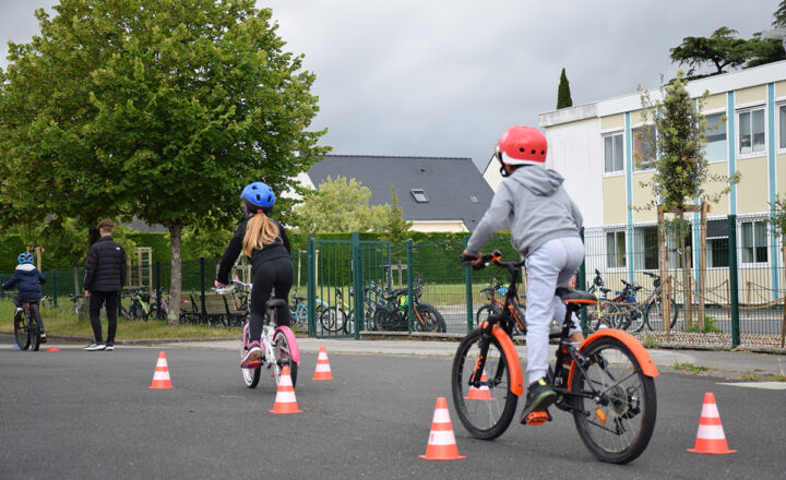 Des enfants qui roulent à vélo dans la cour en suivant un parcours d'initiation.